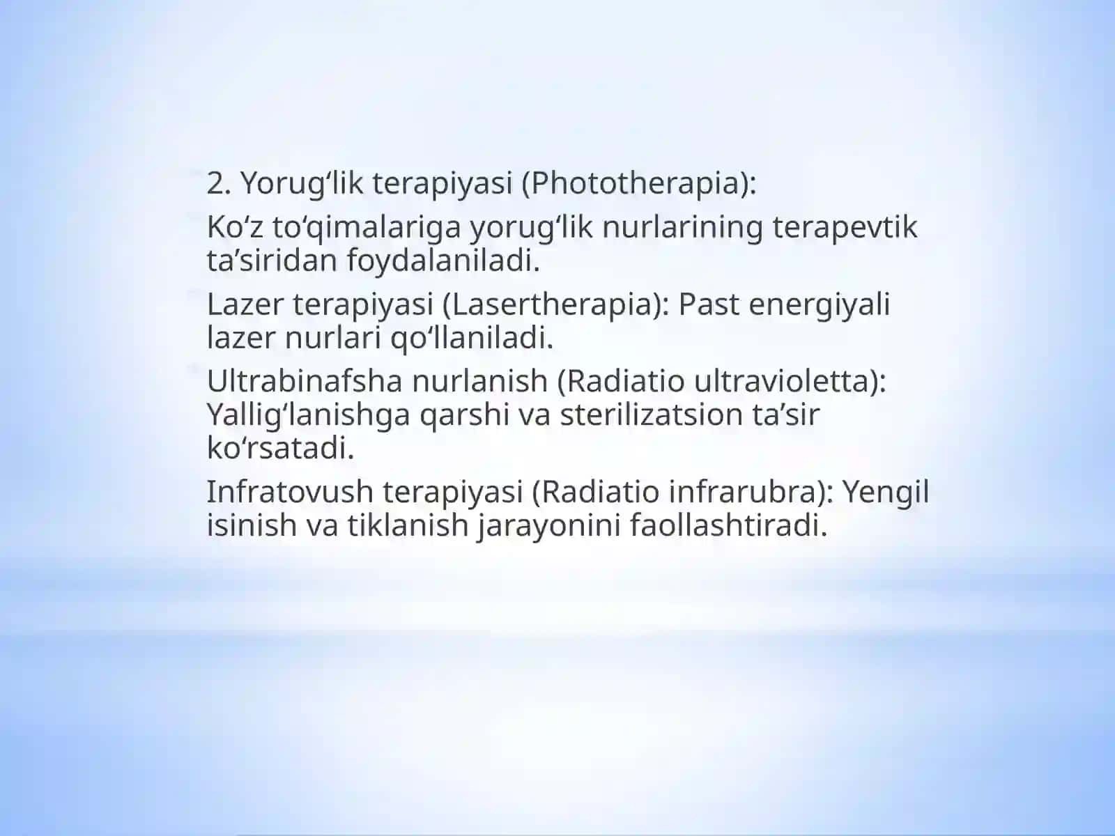 Oftalmologiyada qo‘llaniladigan fizioterapevtik davolash usullari 4