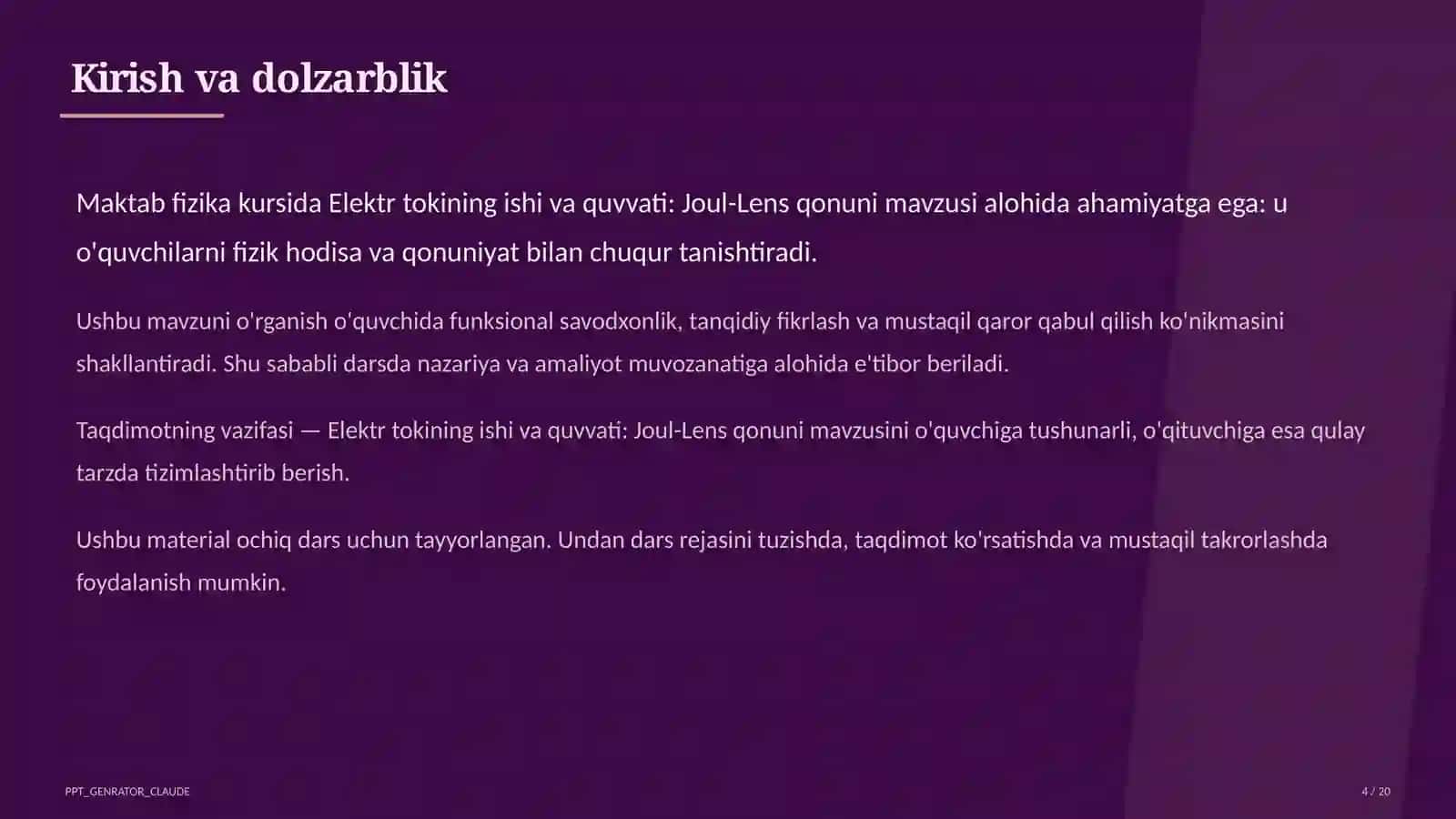 Elektr tokining ishi va quvvati: Joul-Lens qonuni (8-sinf) 4