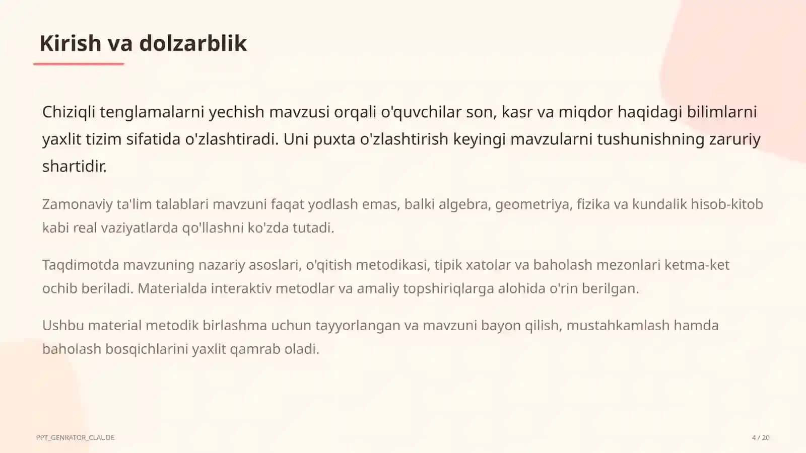Chiziqli tenglamalarni yechish (6-sinf) 4