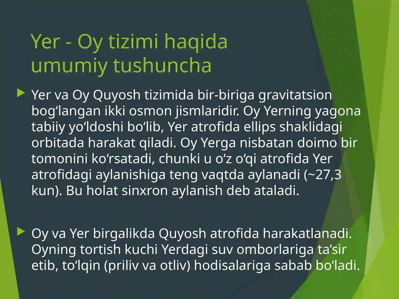 Yer - Oytizimi. Yerning fizik tabiati. Oyning fizik tabiati. Yer bilan bog‘liq ekologik muammolar. Yertipidagi sayyoralar (Merkuriy, Venéra va Mars) 4