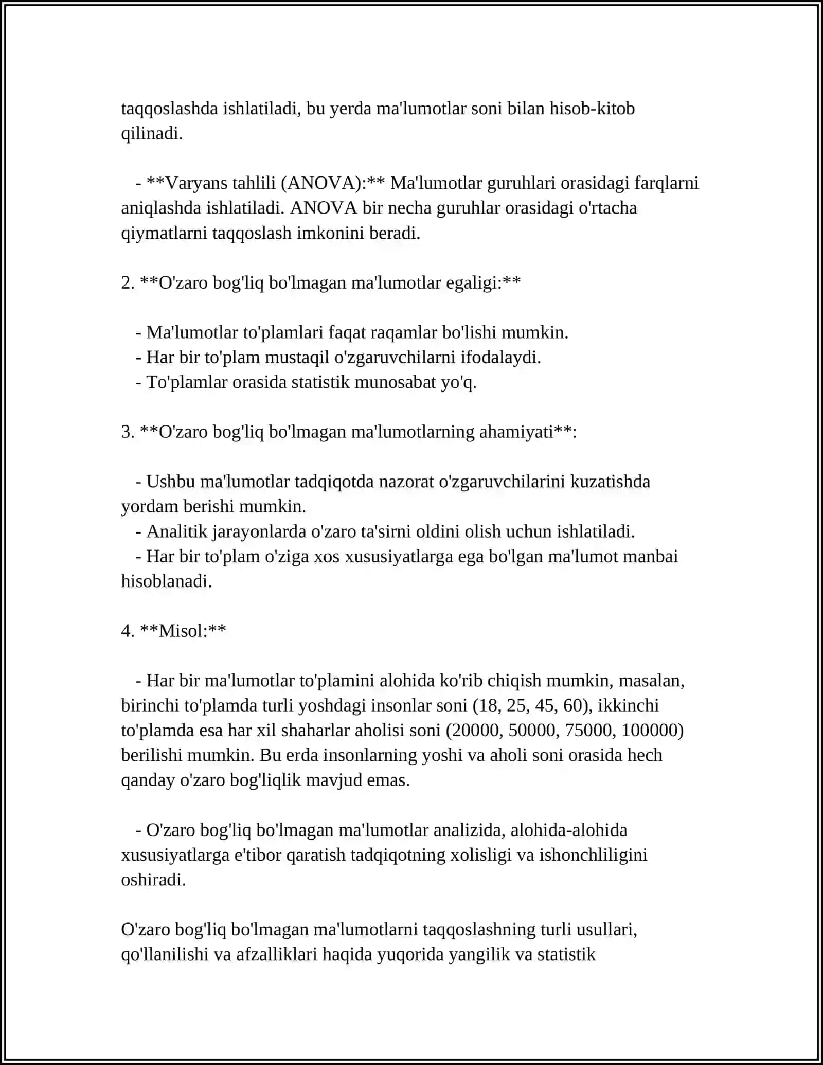 O`ZARO BOG`OLIQ BO`LMAGAN IKKI TANLANMANI TAQQOSLAH UCHUN STYUDENT - T MEZONI 4