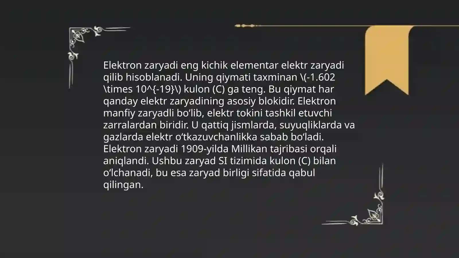 Elektron va uning zaryadi.Tranzistorlarni markasi Nabijonova Mahliyo 4