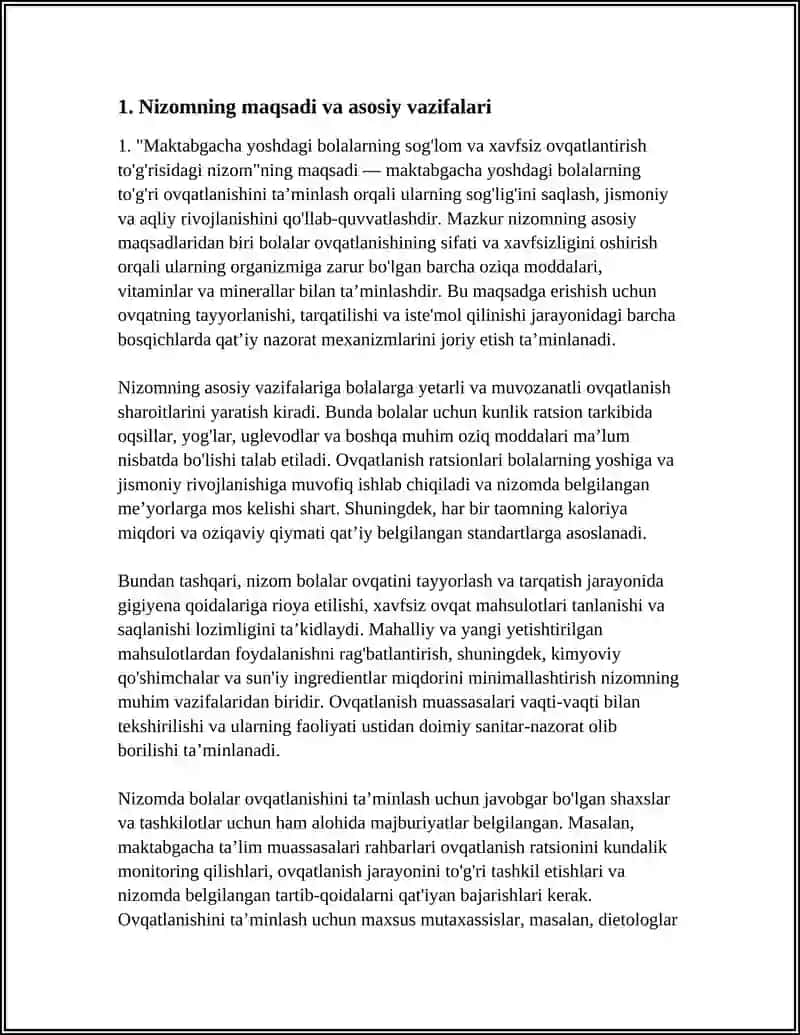 MAKTABGACHA YOSHDAGI BOLALARNIG SOG'LOM VA XAFSIZ OVQATLANTIRISH TO'G'RISIDAGI NIZOMNING MAZMUN MOHIYATI 4
