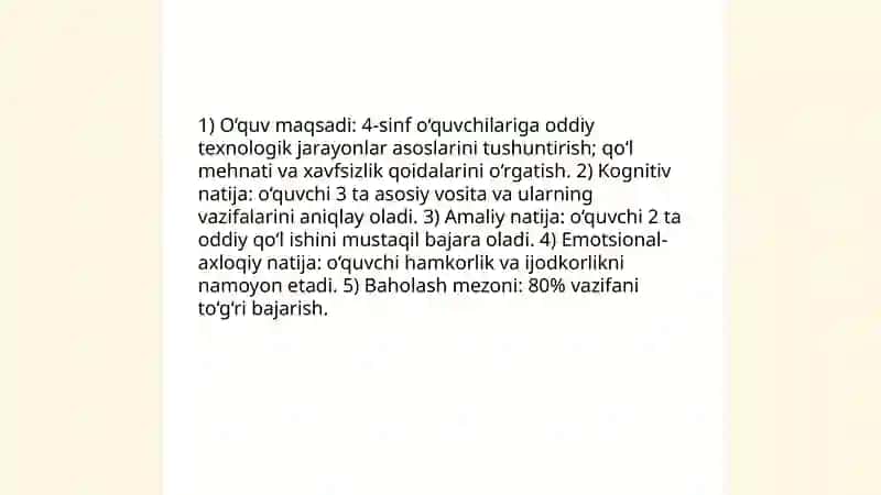 Boshlangʻich sinf texnologiya taʼlimi darslarida 4-sinflar uchun mashgʻulot ishlanmasini tayyorlash 4