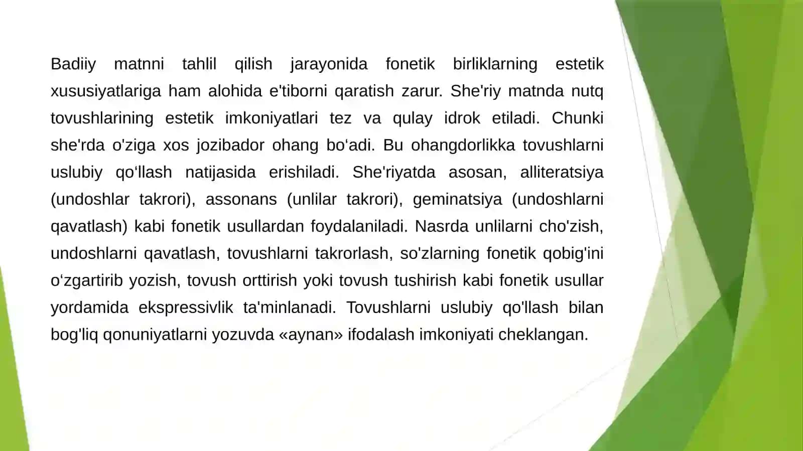 Matn va uning lingvistik tahlili. Badiiy matnning fonetik-fonologik xususiyatlari 4