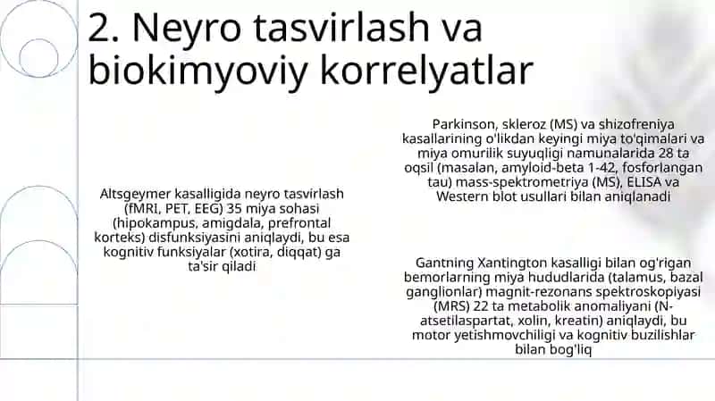Ruxiy va asab tizimi kasalliklarini kelib chiqish mexanizmlarining biokimyoviy aniqlash yoʻllari 4