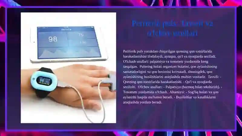 Arterial qon bosimi va periferik puls tavsifi.Mikrosirkulyator havzada qon aylanishi.Venalarda qonning xarakatlanishi.Tomirlar tonusining boshqarilishi.Qon tomir tizimini faoliyatini boshqarilishi. 4