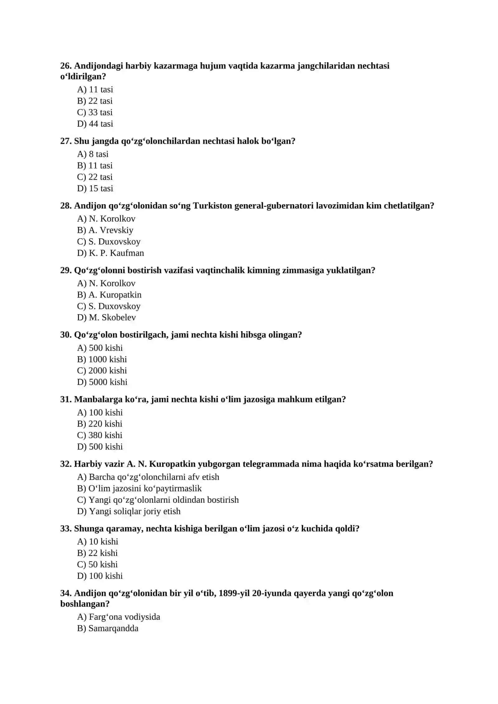 Mavzulashtirilgan testlar | 9-SINF O‘ZBEKISTON TARIXI IV boʻlim 4
