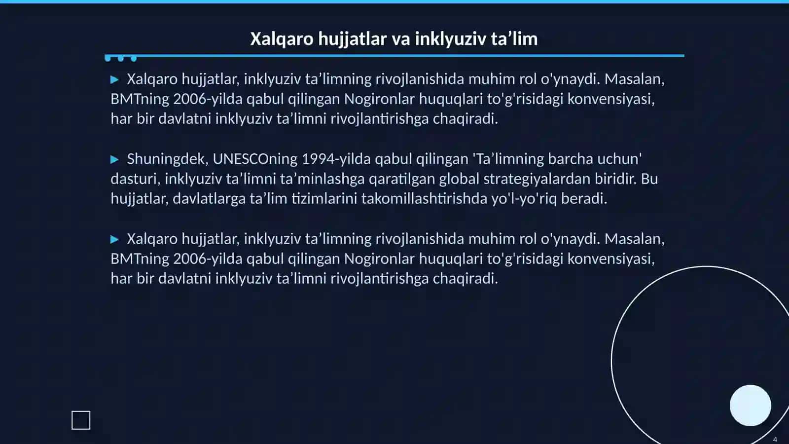Inklyuziv taʼlimning huquqiy asoslarini aks ettiruvchi hujjatlar bilan ishlash 4