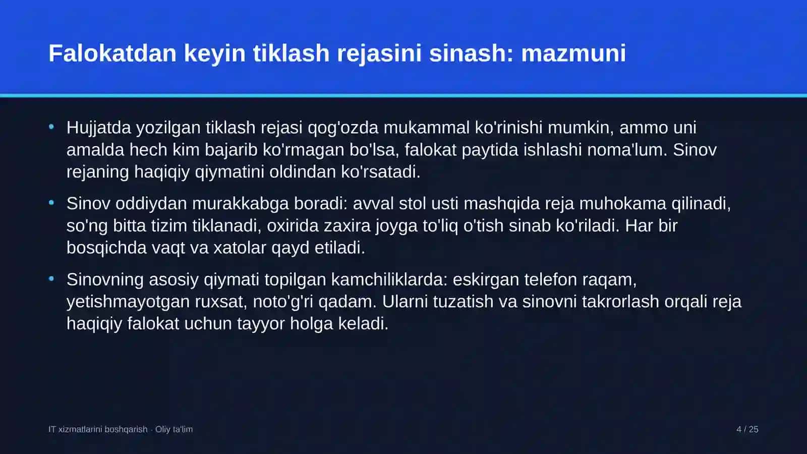 o'quv markazlarida falokatdan keyin tiklash rejasini sinovdan o'tkazish 3055 4