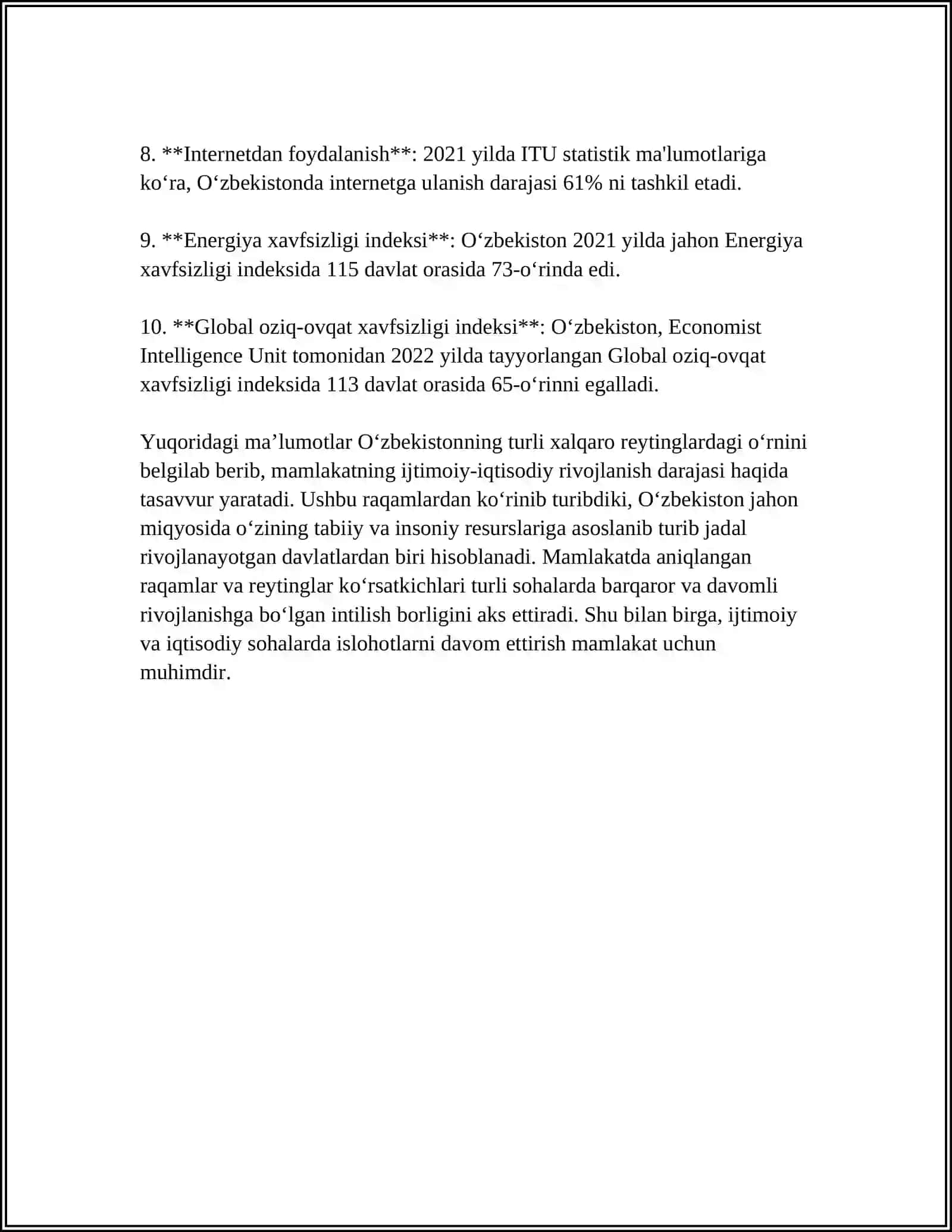 O'ZBEKISTON RESPUBLIKASI XALQARO INDEKSLARI 4