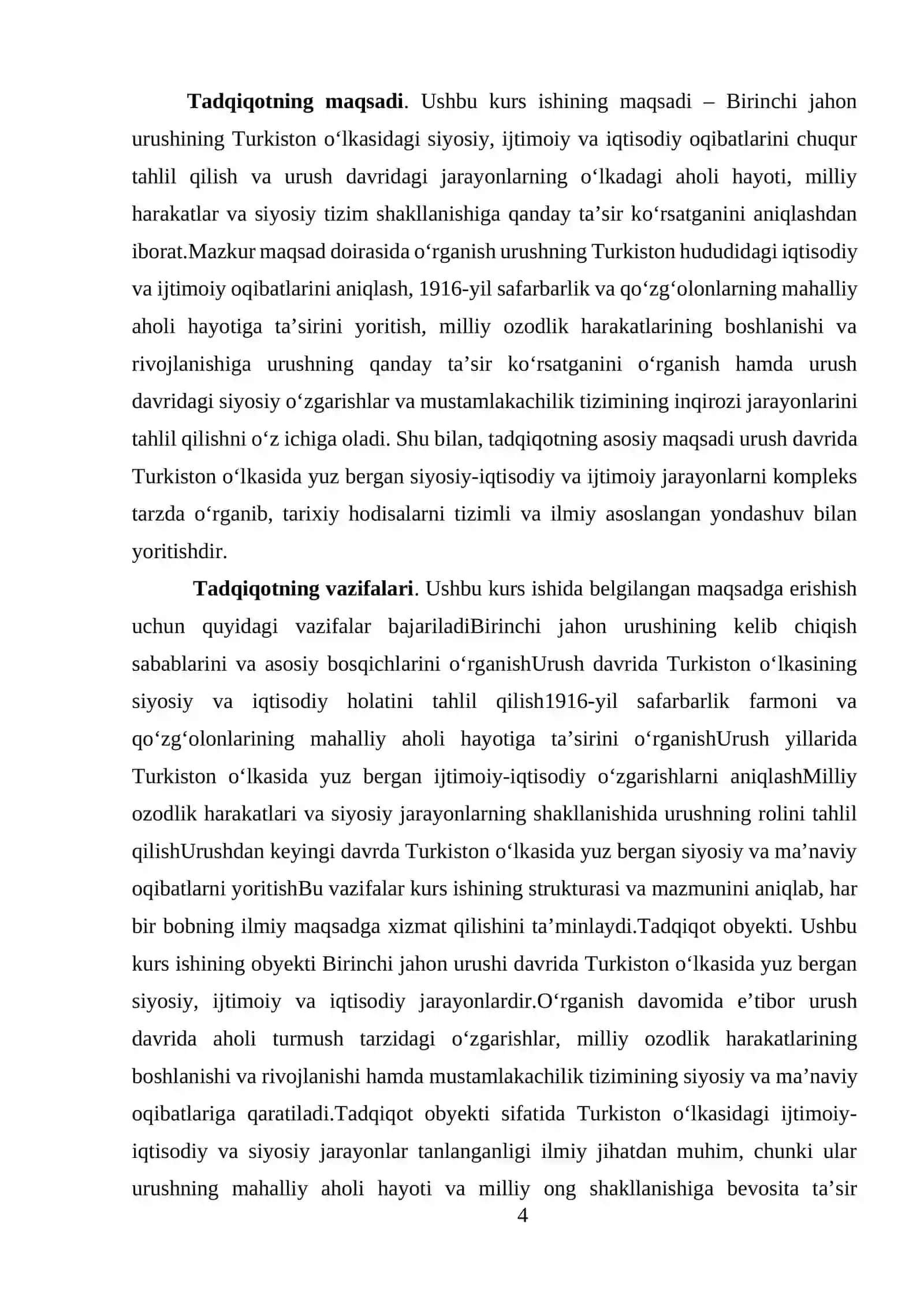 "Birinchi jahon urushining turkuston o'lkasidagi ta'siri" mavzusida tayyor kurs ishi 4