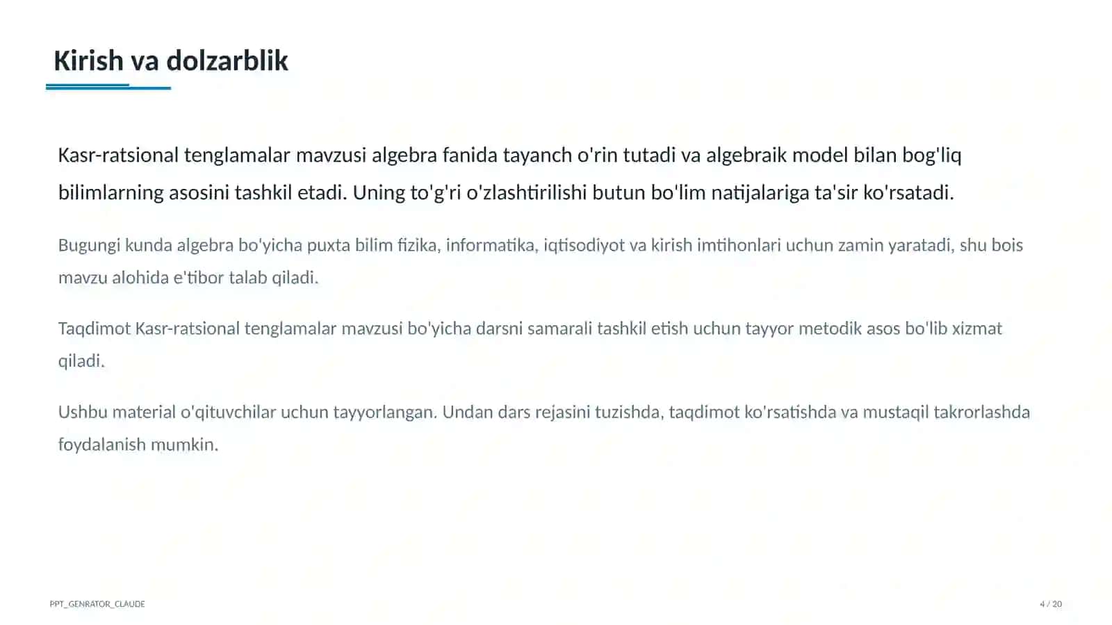 Algebra (7–11) — o'qituvchilar uchun 4