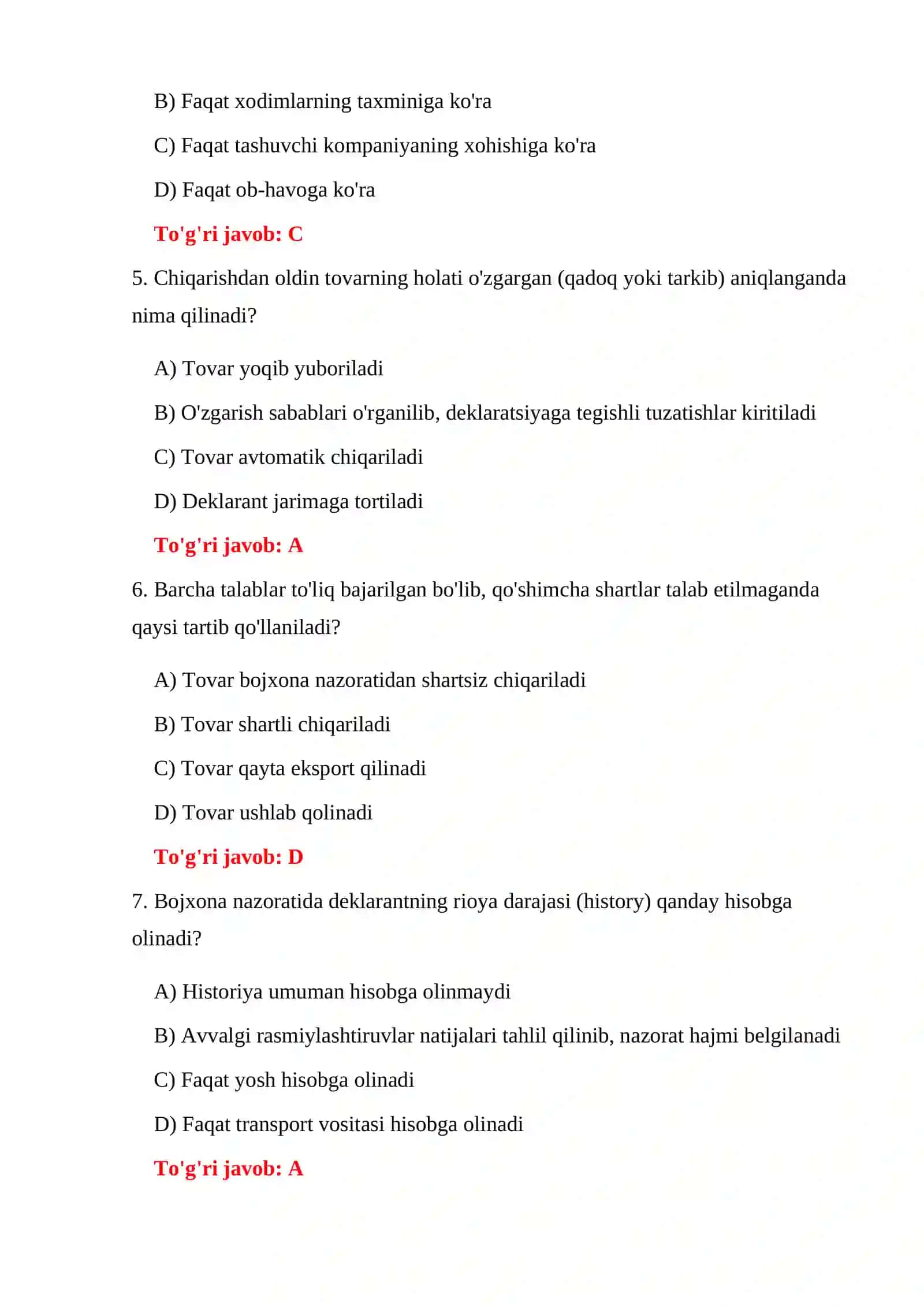 BOJXONA NAZORATI TESTLARI 4
