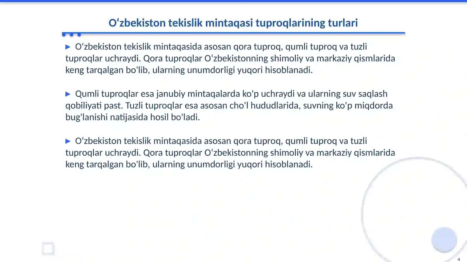 O‘zbekistonda tuproqlar geografiyasining rivojlanishi. O‘zbekistonning tekislik mintaqasi tuproqlari geografiyasi va uni muhofaza qilish 4
