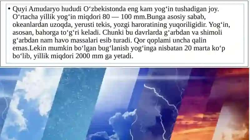 63-IQLIMI, SUVLARI, TUPROQLARI,O‘SIMLIKLARI VA HAYVONOT DUNYOSI 4