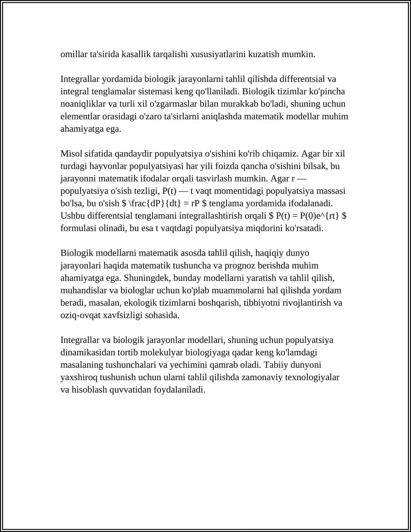 BIOLOGIK JARAYONLARNIMODELLASHTRISHDAINTEGRAL TADBIQLARI 4
