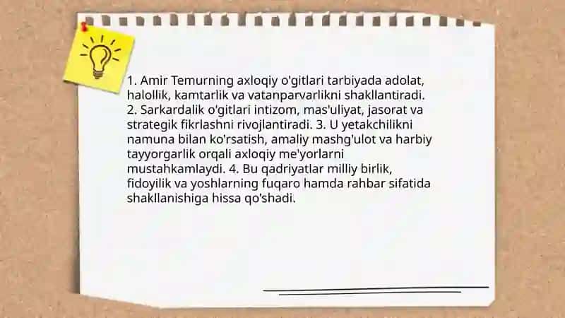 Amir Temur o'gitlari va Mirzo Ulug'bekning pedagogik madaniy-marifiy g'oyalari 4