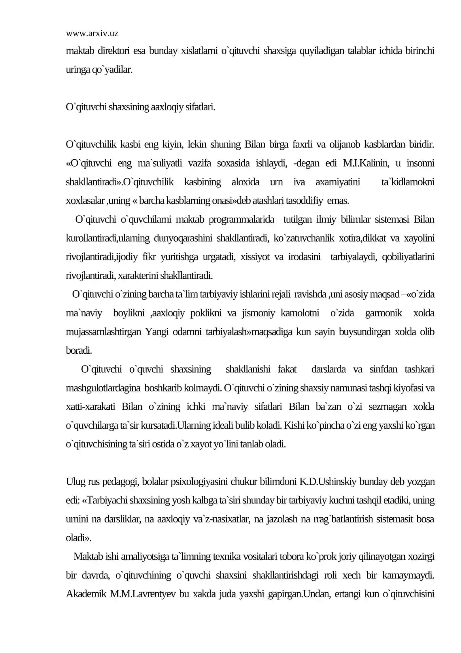 Jamiyatda o`qituvchining tutgan o`rni va vazifalari. O`qituvchiga qo`yiladigan talablar 4