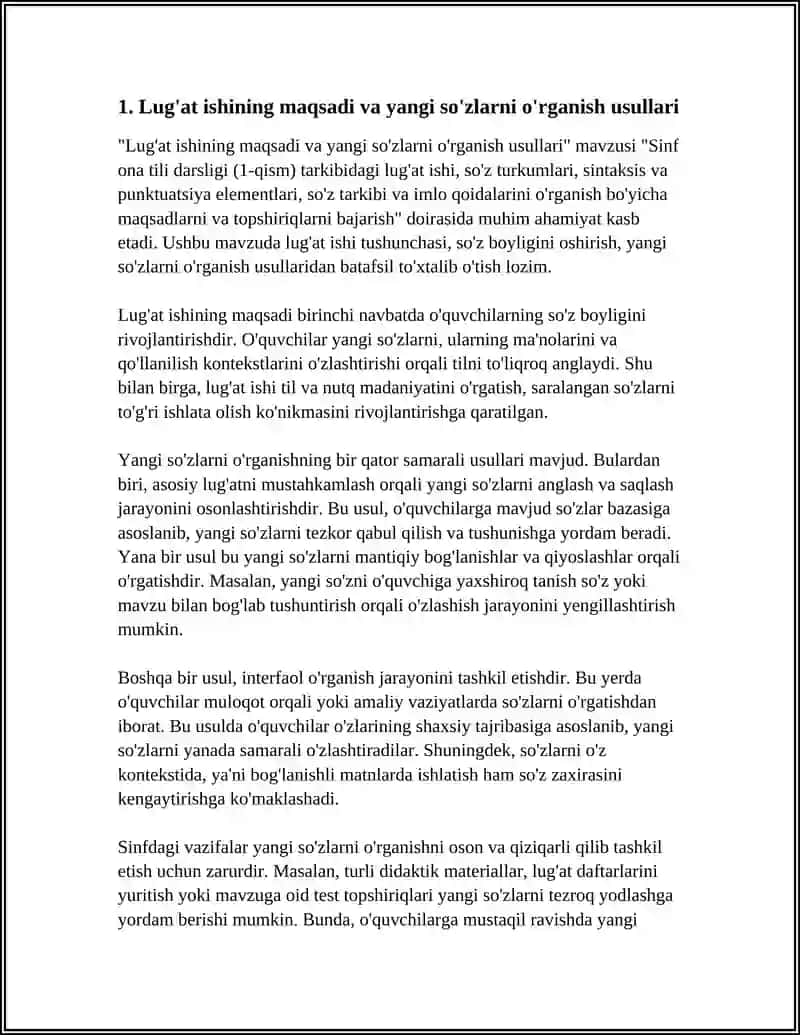 SINF ONA TILI DARSLIGI (1-QISM) TARKIBIDAGI LUG'AT ISHI 4