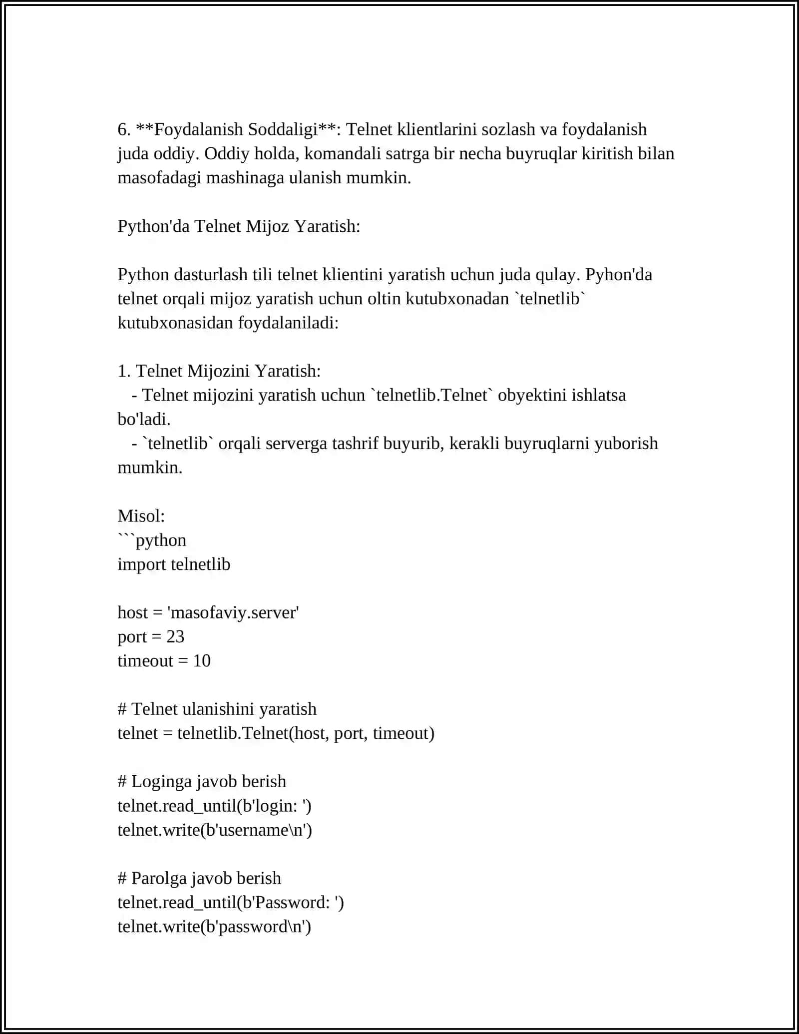 PYTHON'DA TELNET SERVER/MIJOZ YARATISH 4