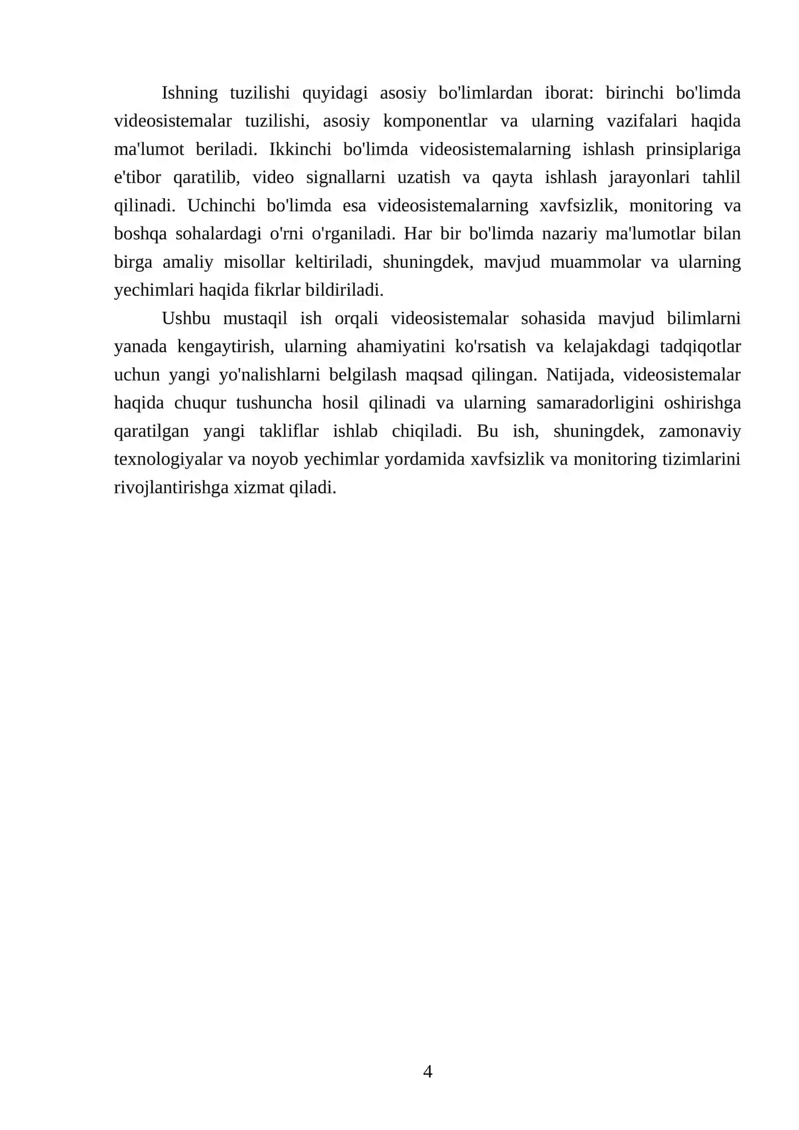 Videosistemalar tuzulishi va ishlash prinsipilari bo‘yicha tahliliy ma’lumot (esse) tayyorlash 4