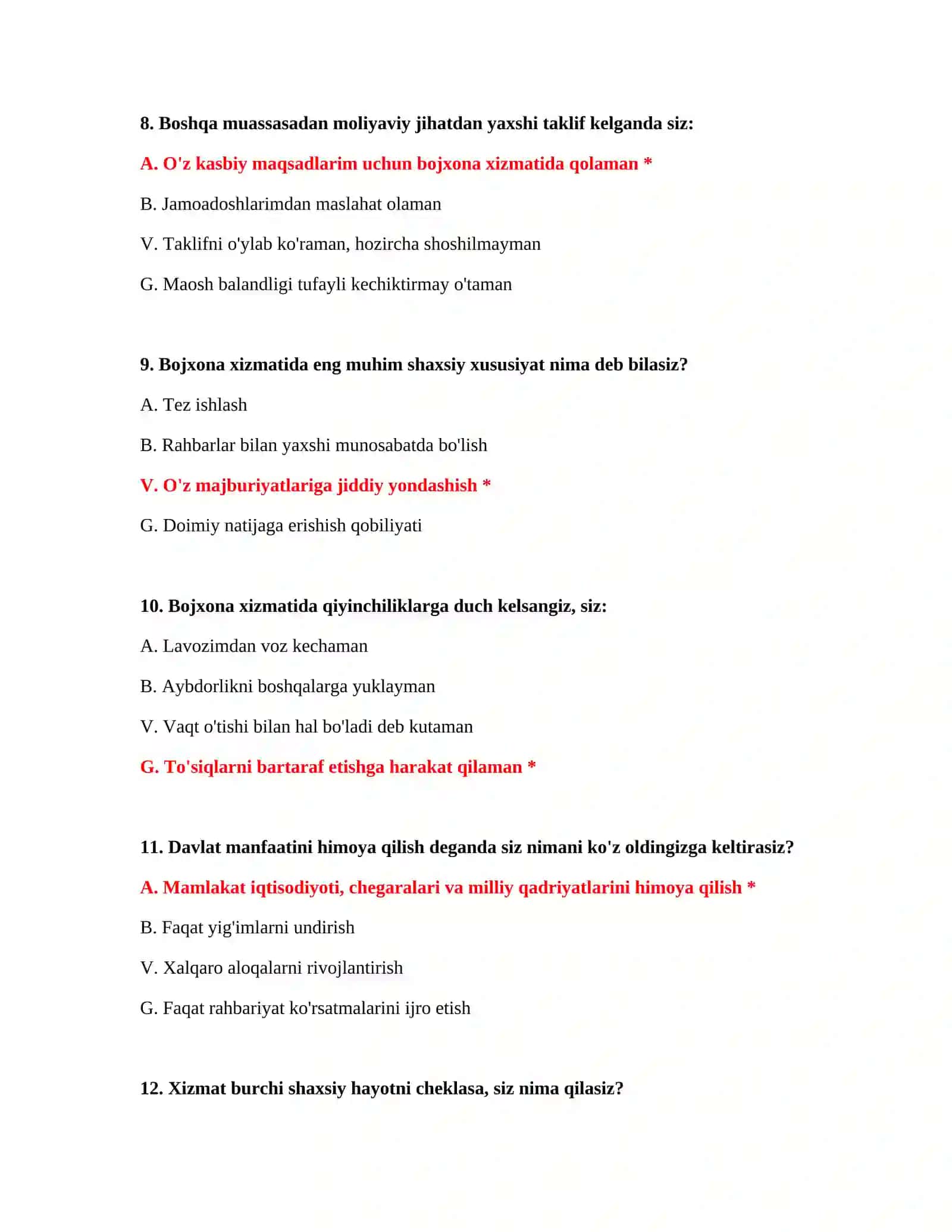 Bojxona ishga kirish uchun testlar 4