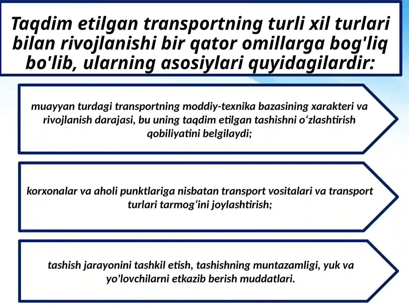 Transportning turli shakllaridagi transport va logistika tizimlarining xususiyatlari 4