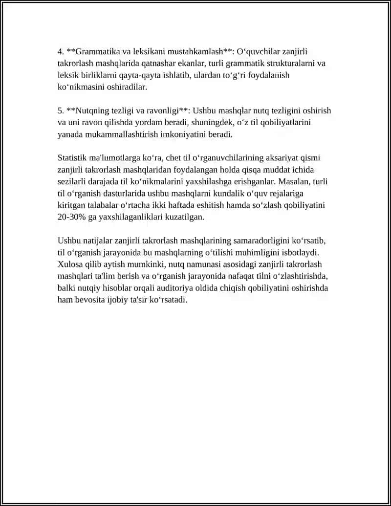 NUTQ NAMUNASI ASOSIDAGI ZANJIRLI TAKRORLASH MASHQLARI 4