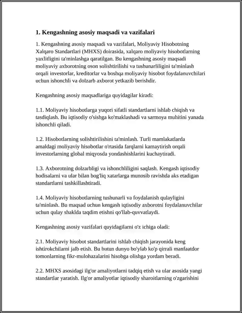 MOLIYAVIY HISOBOTNING XALQARO STANDARTLARI BUYICHA KENGASHNING MAQSADI VA UNING VAZIFALARI.MHXS NI ISHLAB CHIQISH VA TASDIQLASH TARTIBI 4