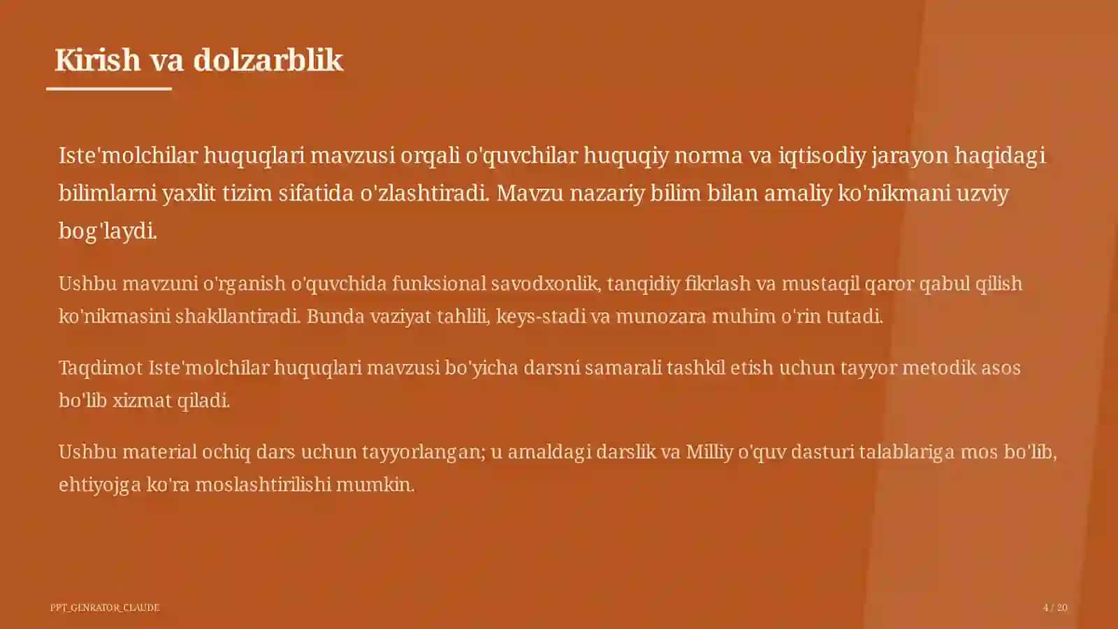 Huquq va iqtisodiyot asoslari (9– 11) — ochiq dars uchun 4