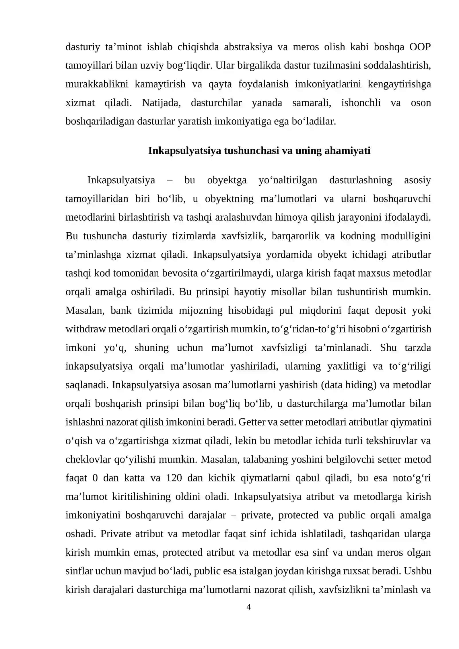 Inkapsulyatsiya, private, public, protected kalit so‘zlar 4