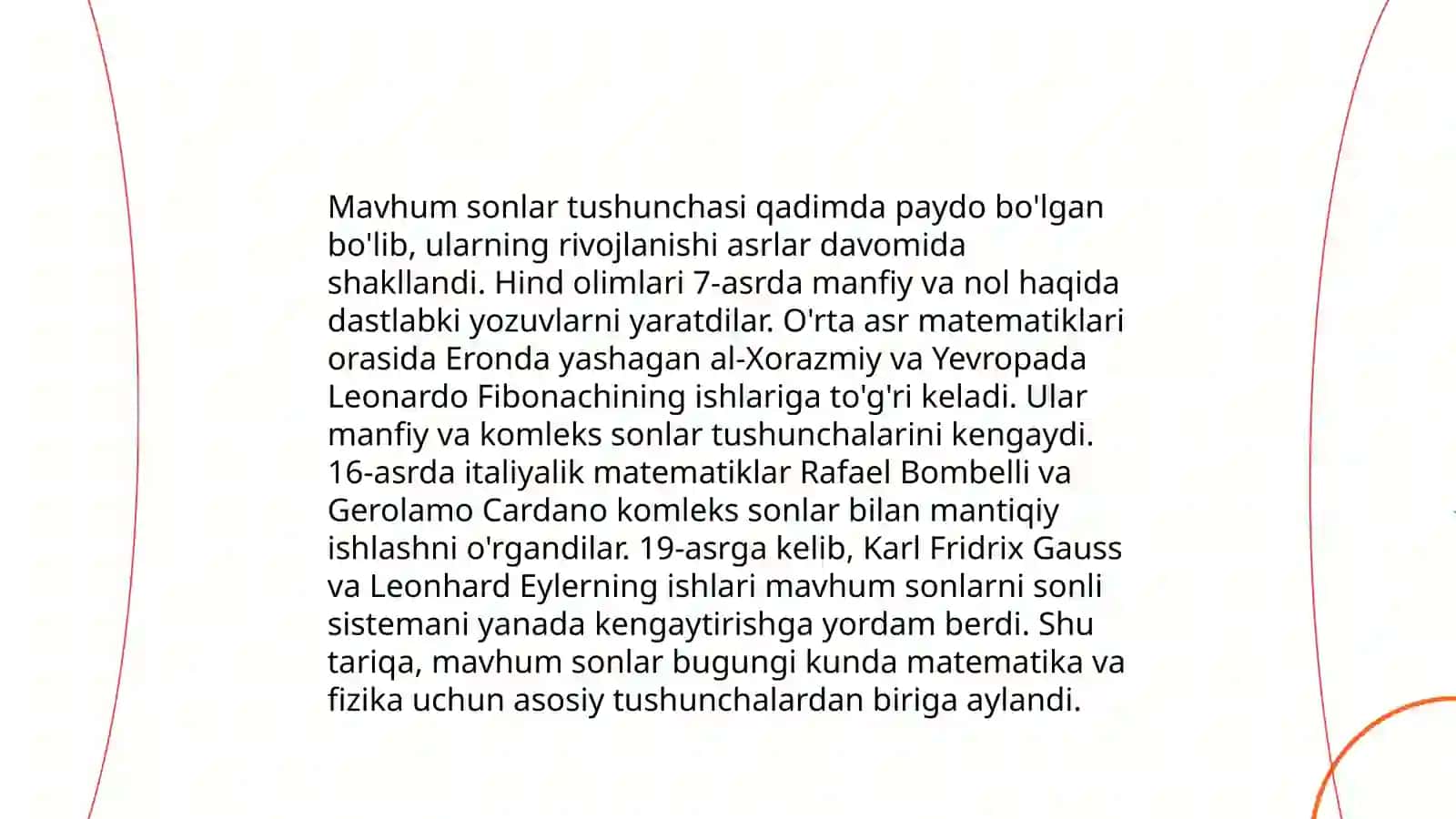 Kompleks sonlar mavhum son tushunchasi.Kompleks sonlar ustida arifmetik amallar.Kompleks sonlarning sonlarning geometrik maʼnosi va trigonometrik shakldagi kompleks sonlar ustida amallar 4
