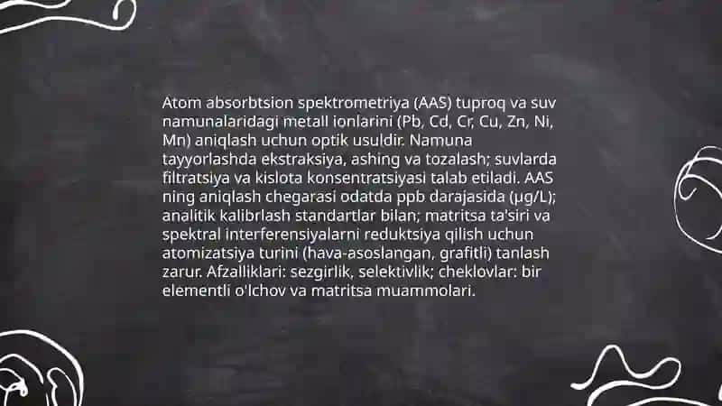 Tuproq va suvdagi ion bog'lanishli ifloslovchi moddalarni aniqlash ularni kimyoviy ekalogik xavfsiz tozalash usullari 4