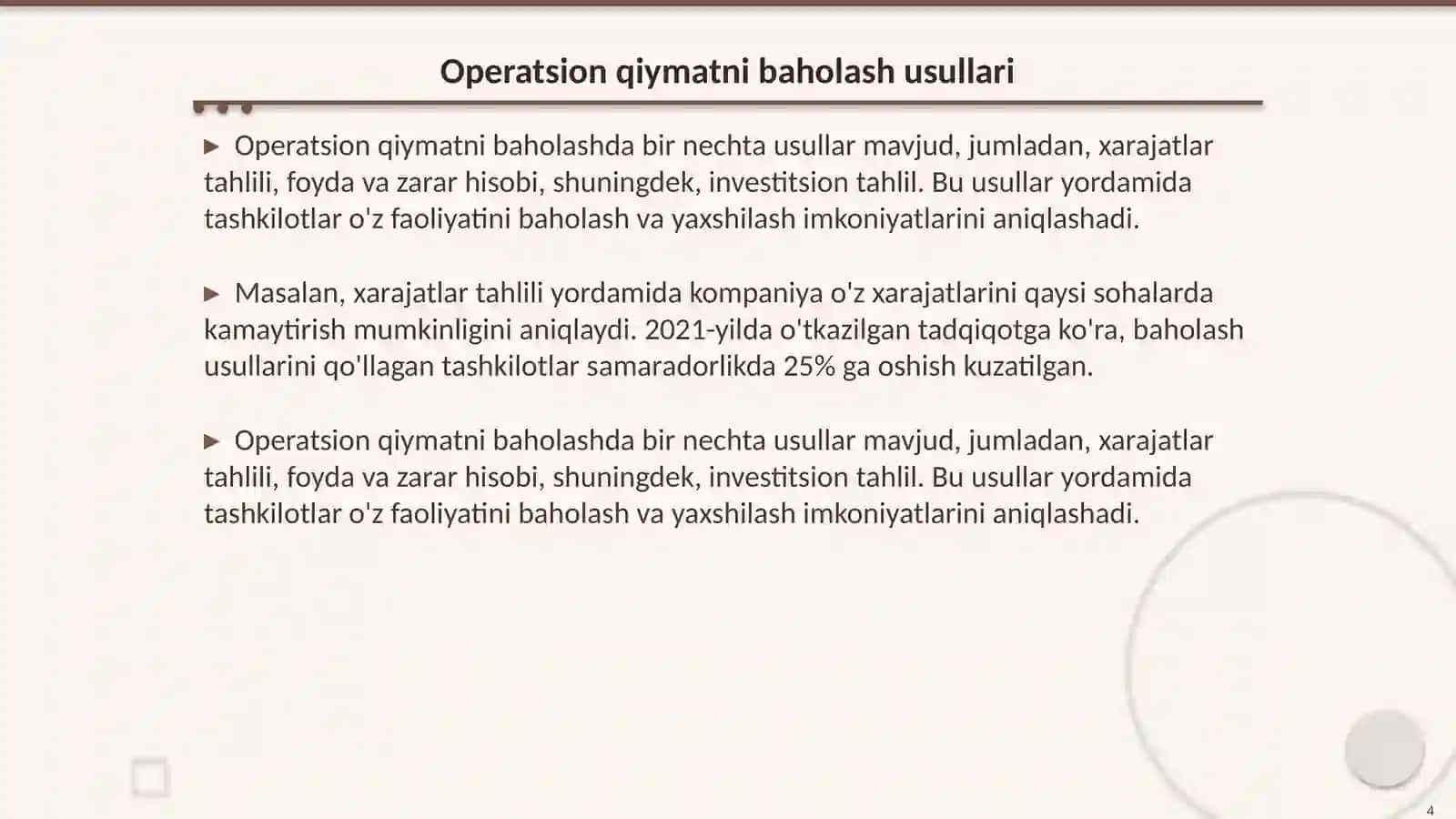 Operatsion qiymat tizimini tahlil etish Operatsion fanidan 4