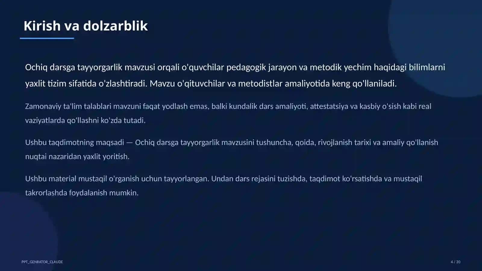 Ochiq darsga tayyorgarlik bo'yicha pedagogika va o'qitish metodikasi 4