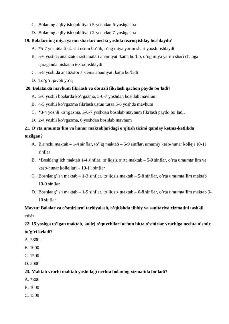 Bolalar va o’smirlar gigiyenasi fanidan test savollari, javoblari bilan 4