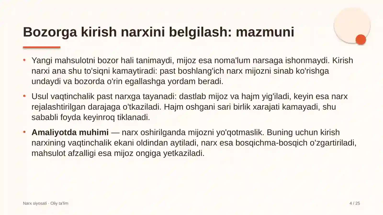 Bozorga kirish narxini belgilash: mohiyati 4