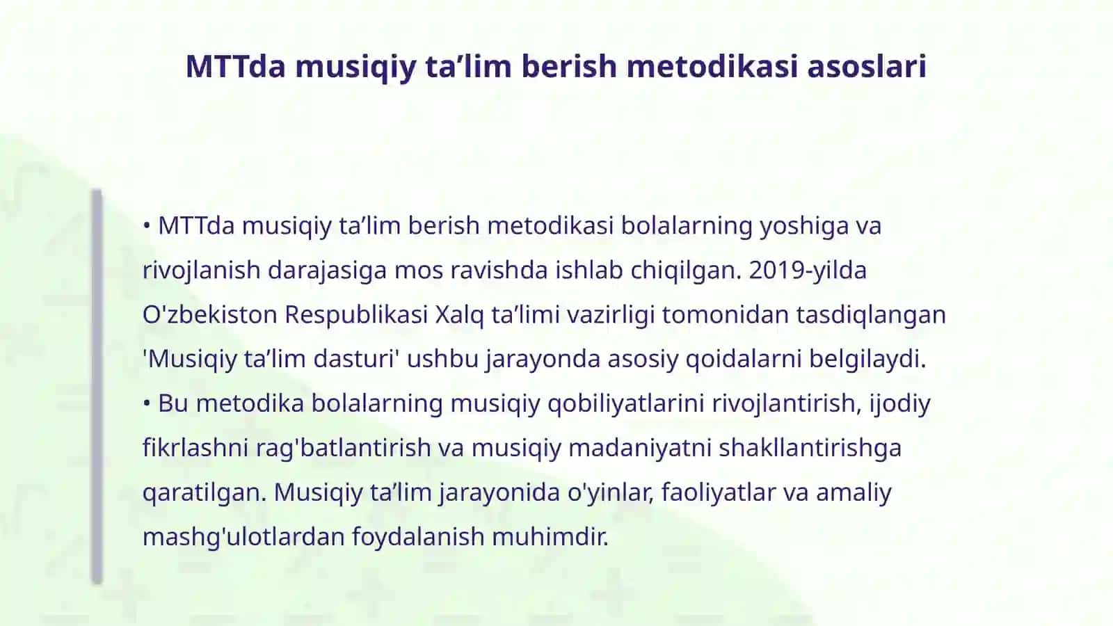 MTTda musiqiy taʼlim berish metodikasi boʻyicha ishlarni tashkil etish 4