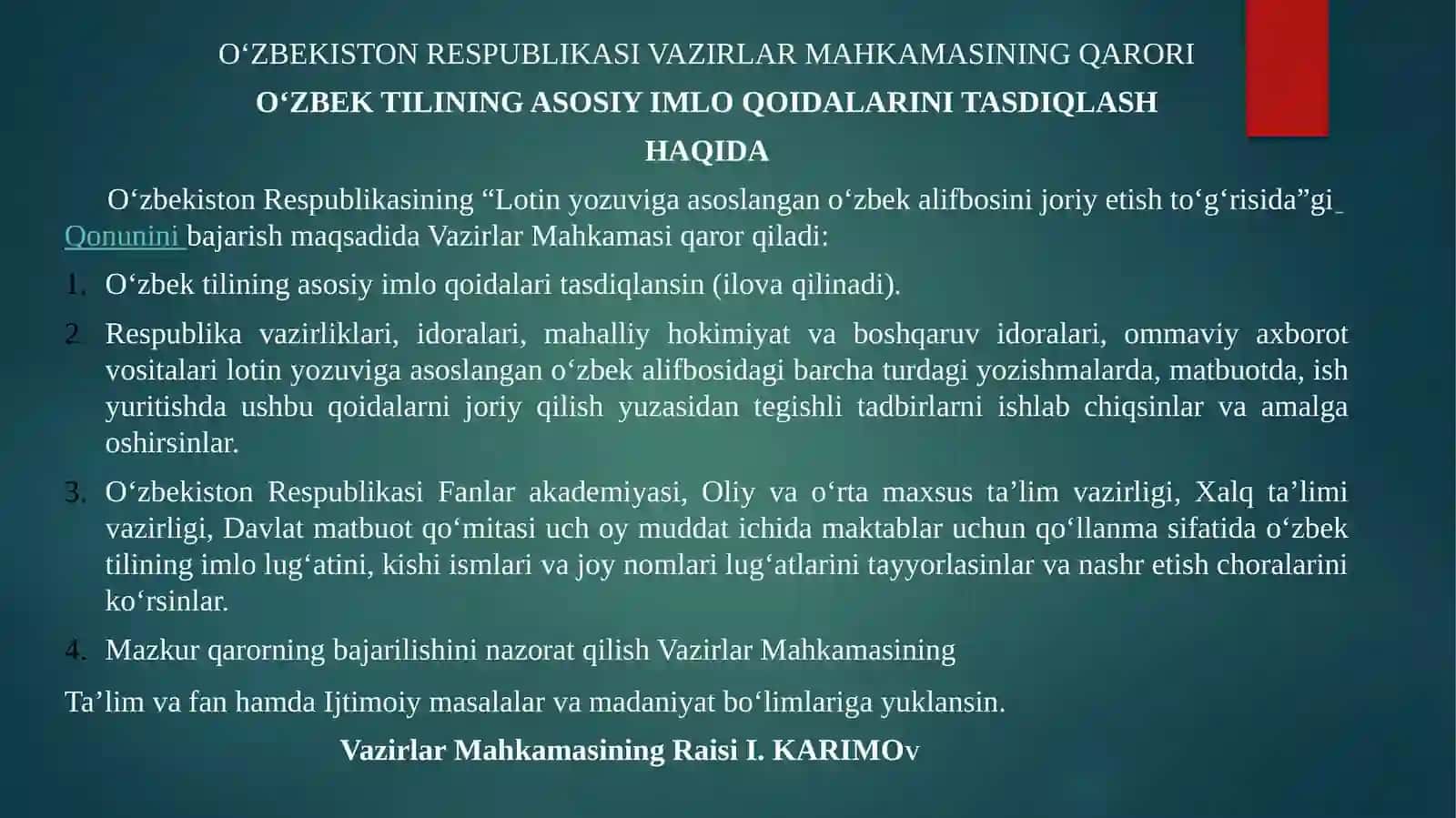 O'zbek tilining imloviy qoidalari va so'ha egallari ning savodxonligi 4