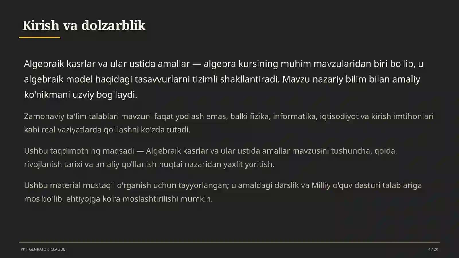 Algebraik kasrlar va ular ustida amallar (8-sinf) 4