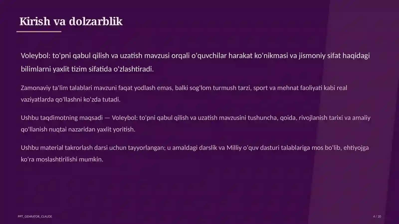 Voleybol: to'pni qabul qilish va uzatish (5-sinf) 4