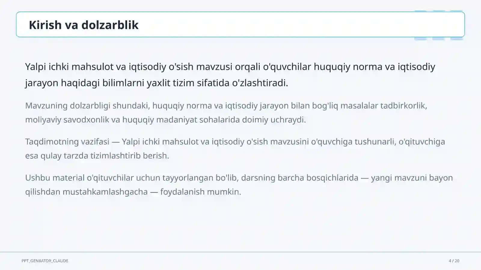 Huquq va iqtisodiyot asoslari (9–11) — o'qituvchilar uchun 4