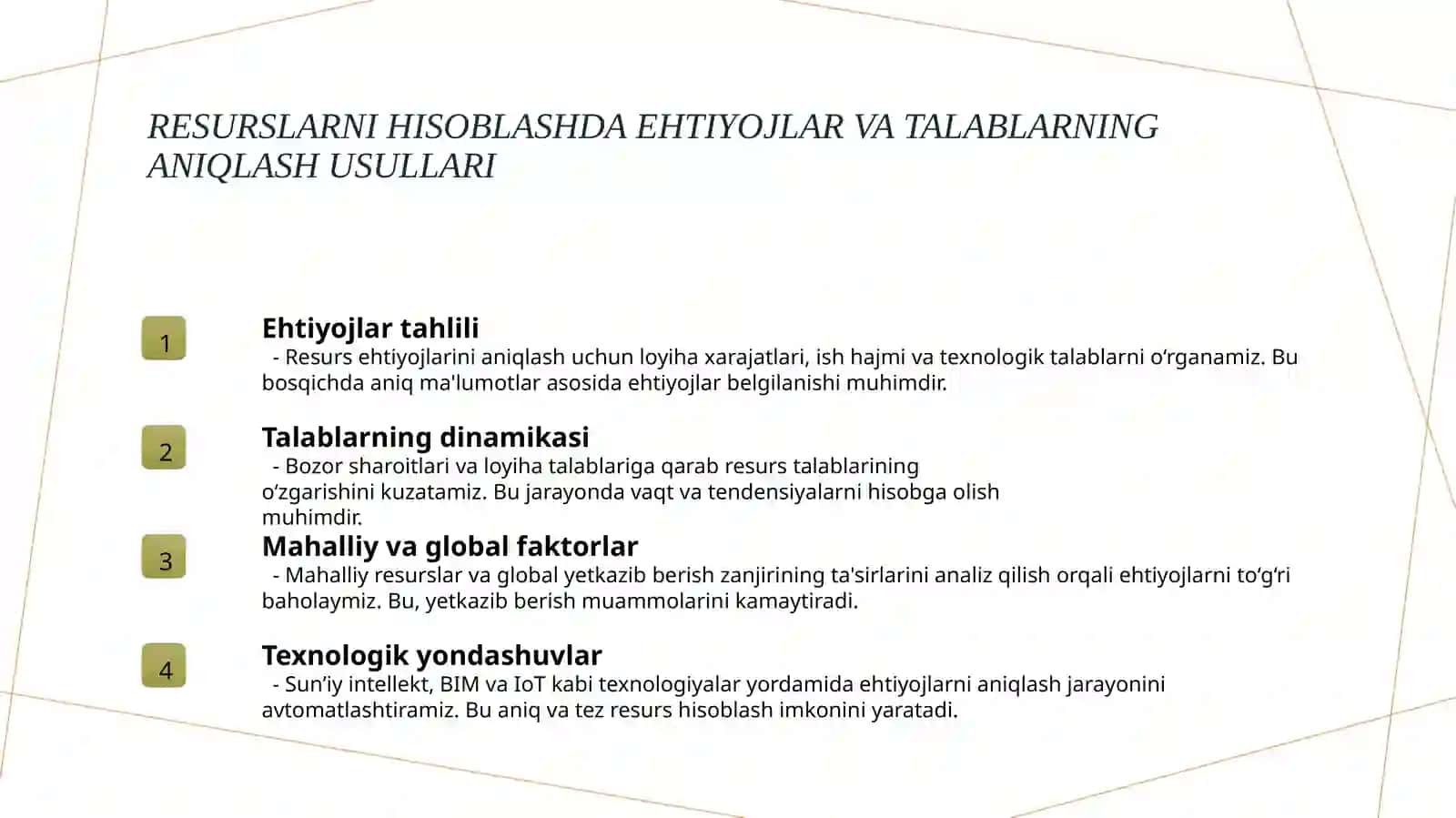Qurilish loyihalarida resurslarni hisoblash usullari 4