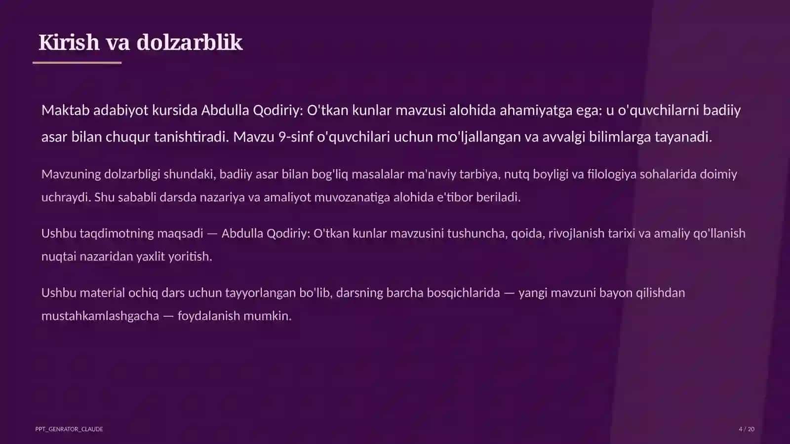 Abdulla Qodiriy: O'tkan kunlar (9-sinf) 4