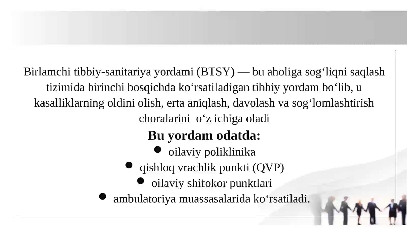 Aholigabirlamchi-tibbiyotsanitariyayordaminitashkiletishvaoilaviypoliklinikadaoilashifokorlarinio‘rni 4
