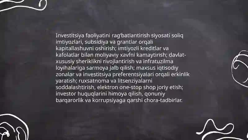 Investitsiya faoliyatini rivojlantirish investotsiyasi muhitini oʻrni 4