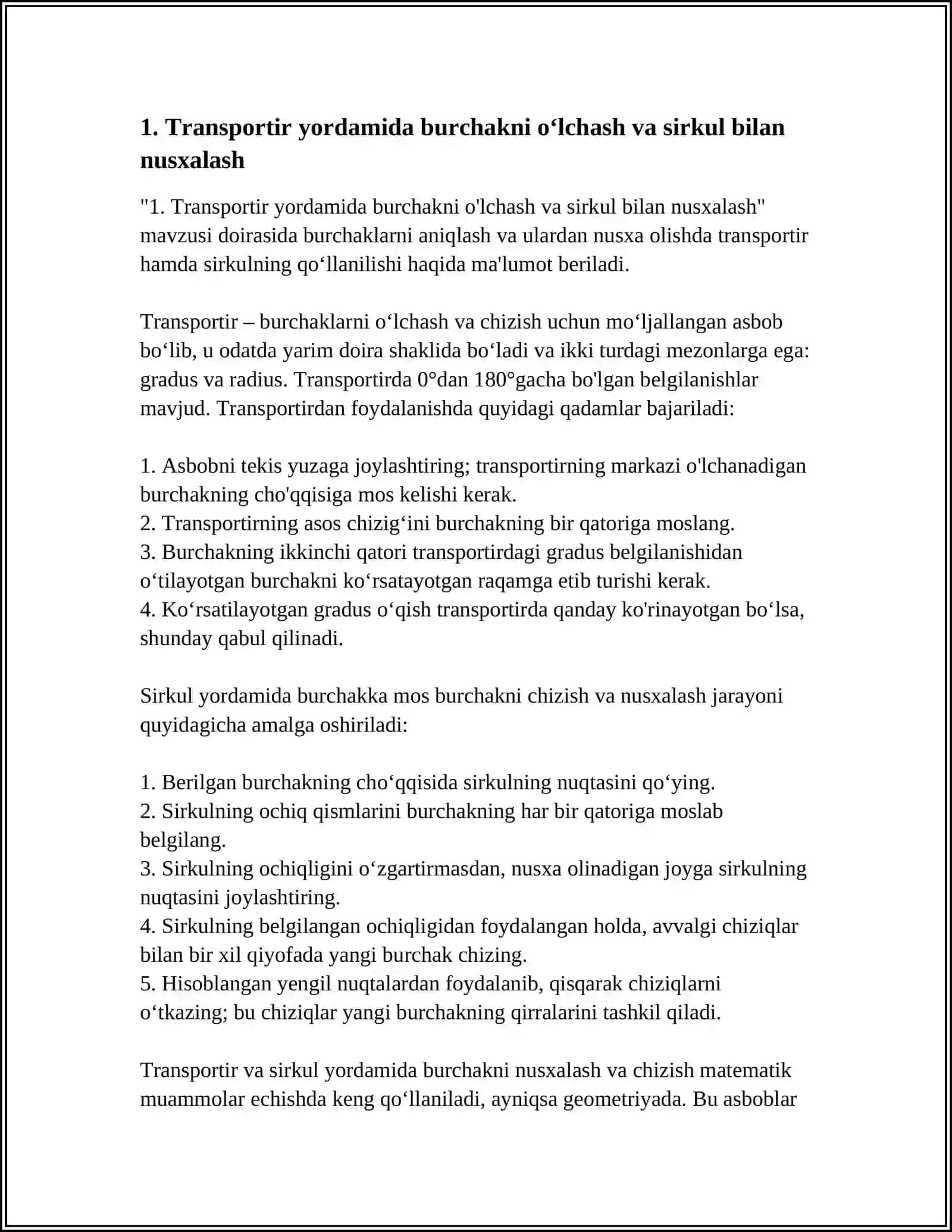 YASASHGA DOIR MASALALAR. SIRKUL VA TRANSPORTR BILAN ISHLASH 4