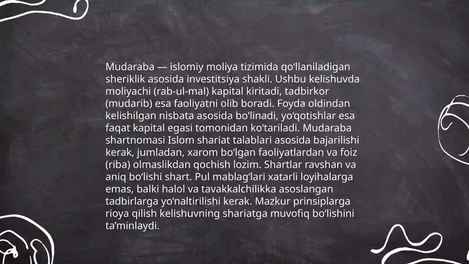 Mudarabaga shariat talablari. Mudarabaga AAOIFI standartlari. Mudarabani islomiy sanoatda qoʻllash 4
