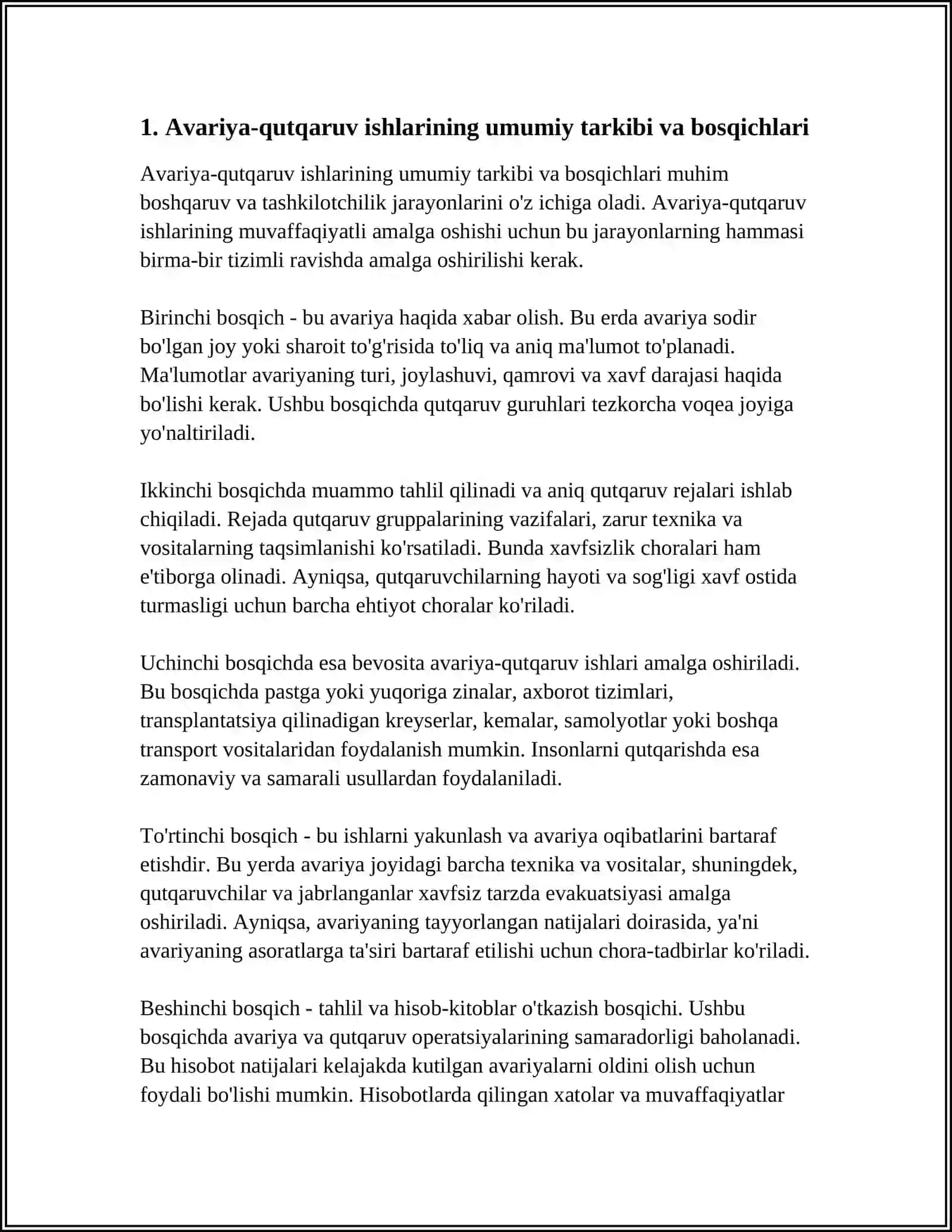 AVARIYA-QUTQARUV ISHLARINING TARKIBI VA KETMA-KETLIGI. INSONLARNI QUTQARISHBORASIDA QOLLANILADIGAN USULLAR 4